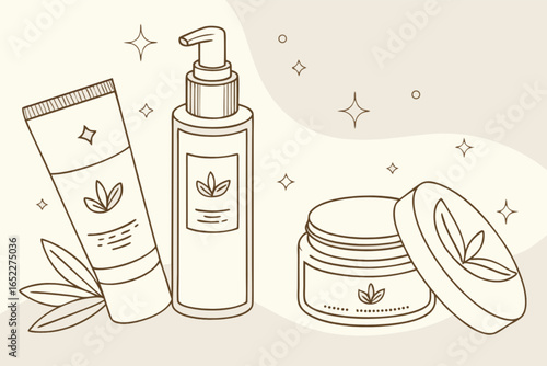 Natural skincare products vector illustration for beauty routine cream lotion and organic cosmetic packaging design