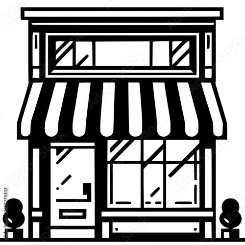 Small Shopfront Illustration: A quaint shopfront illustration, depicted in a clean, minimalist style, with a striped awning and large windows, ready for a potential business