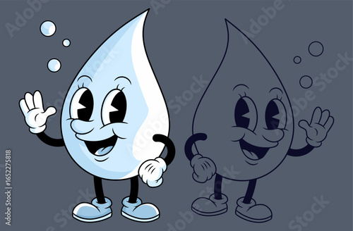 Retro cartoon mascot of a cute, bright, and fresh water droplet character, also shown in a simple outline version for coloring.