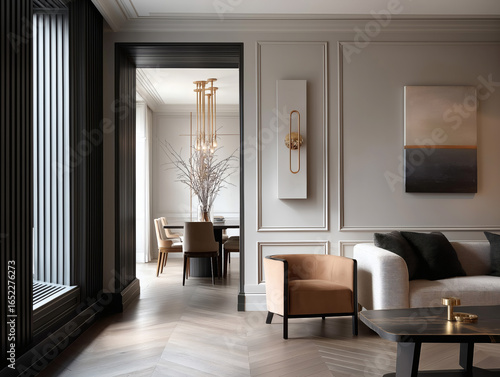 Aesthetic beautiful elegant  modern luxury interior design. Clear mock up empty wall for decoration in the apartment, painting frame. Copy space in the room.