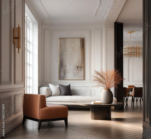 Aesthetic beautiful elegant  modern luxury interior design. Clear mock up empty wall for decoration in the apartment, painting frame. Copy space in the room.