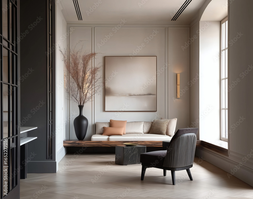 Fototapeta premium Aesthetic beautiful elegant modern luxury interior design. Clear mock up empty wall for decoration in the apartment, painting frame. Copy space in the room.