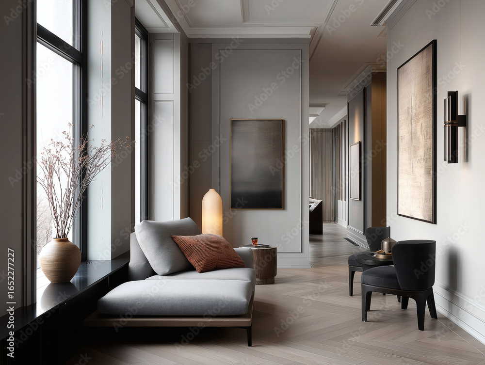 Fototapeta premium Aesthetic beautiful elegant modern luxury interior design. Clear mock up empty wall for decoration in the apartment, painting frame. Copy space in the room.