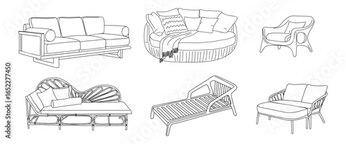 Vector set of modern sofas, armchairs, chaise lounges, and daybeds in line art style. Perfect for interior design, home decor, and digital design projects