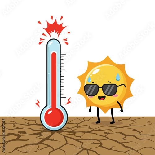 An overheated cartoon sun sweats in a heatwave next to a hot thermometer on dry, cracked earth.