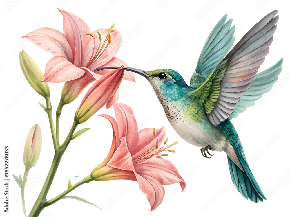 Fototapeta premium A hummingbird with green and blue feathers hovering near pink lily flowers on a black background art created with generated ai