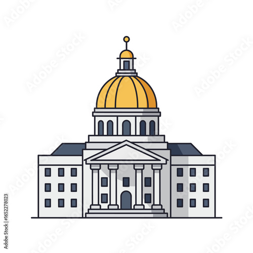 Illustration of a government building with a golden dome, columns, and symmetrical design against a white background.
