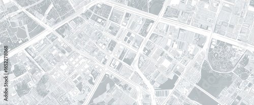 High-angle view of a city's street layout.  Detailed map showing city blocks, roads, and various land use areas in light grayscale
