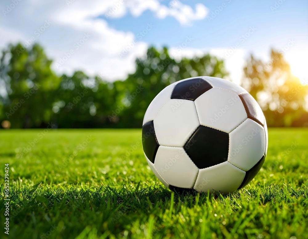 Fototapeta premium Soccer Ball on Green Grass Under Sunlight