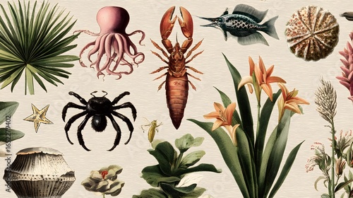Detailed illustration of various tropical and marine life.