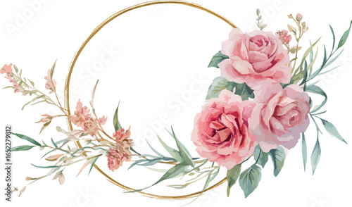 Elegant watercolor pink roses and greenery arranged around a delicate gold geometric circle frame