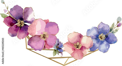 Delicate watercolor floral arrangement adorning a geometric golden frame on white background