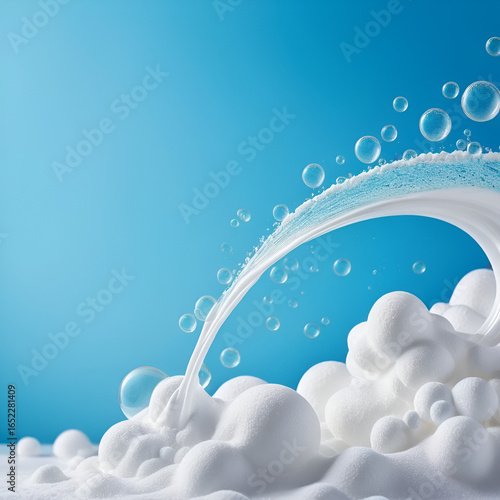 Close up with soap foam and bubbles made of shampoo, lotion, detergent. Macro photo of spume on blue background. Banner with copy space for laundry, cleaning services, beauty, skin care concept