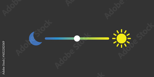 minimalist day and night toggle swithch UI element with moon icon on the left and sun icon on the right, gradient slider for light mode and dark mode adjustment