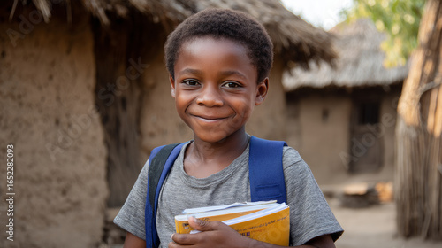 Wallpaper Mural Happy little african boy with school bag holding and hugging his books near village adobe house. Black African children from disadvantaged families study in school, read books, Torontodigital.ca