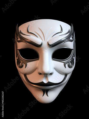 White theatrical mask with grey accents on black background