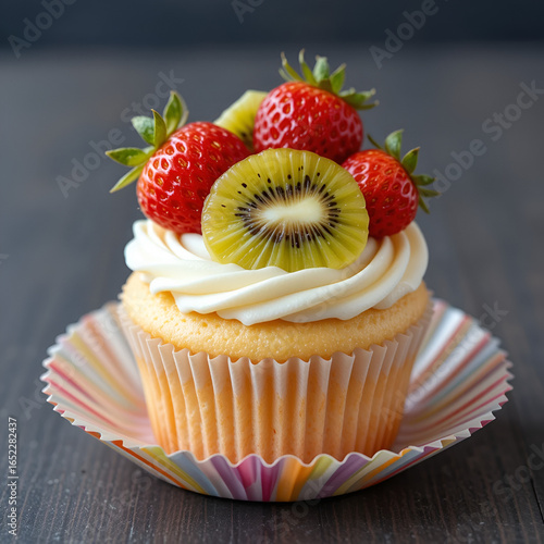 Irresistible Vanilla Cupcake Topped with Fresh Strawberries and Kiwi on Vibrant Paper Stand
