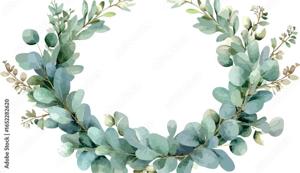 Fototapeta premium Delicate watercolor eucalyptus wreath with soft green leaves and subtle floral accents