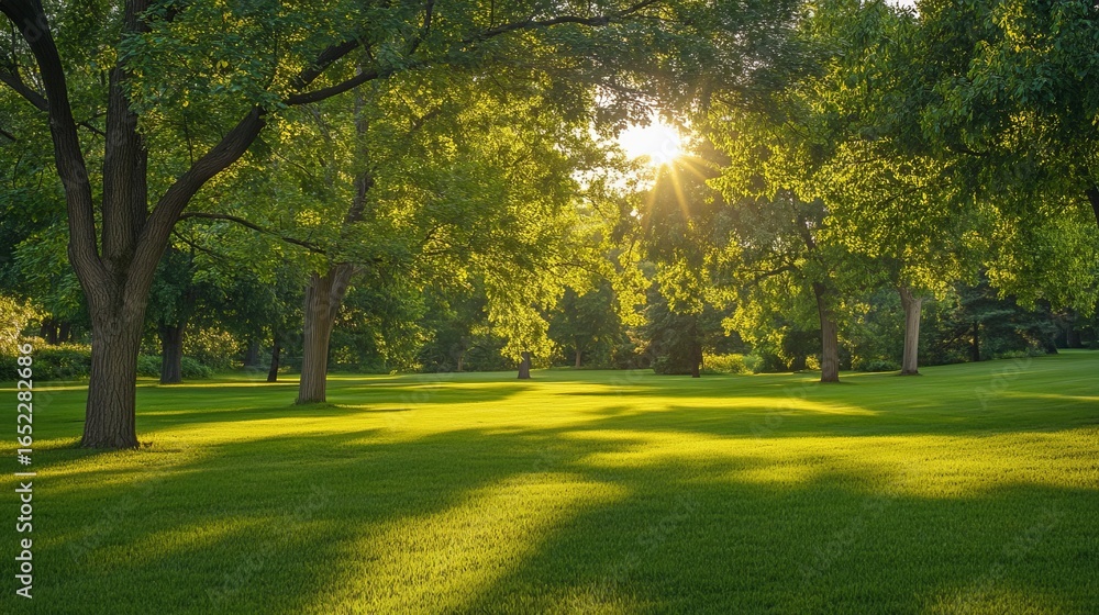 Obraz premium Sunny park scene with lush green trees and grass