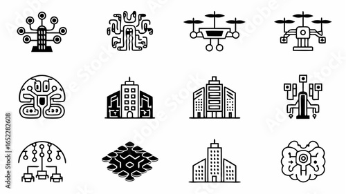 Illustration showing technology icons including drones buildings and ai brain structures with connections |  editable eps vectors silhouette