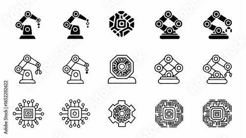 Illustration showing a collection of robotic arms, chips, and abstract geometric shapes in black and white |  editable eps vectors silhouette
