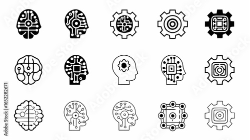 Collection of artificial intelligence and technology icons featuring brains and gears in black and white |  editable eps vectors silhouette