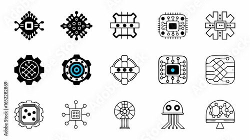 Collection of futuristic technology icons featuring circuit boards processors and abstract machine elements |  editable eps vectors silhouette