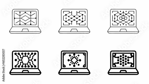 Illustration of six laptops displaying different abstract geometric and network designs on their screens |  editable eps vectors silhouette