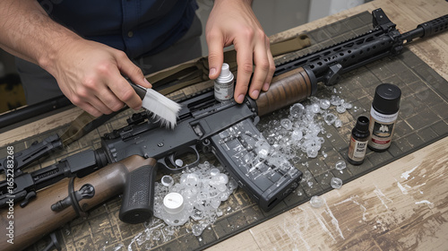 Hands cleaning a rifle with a brush with cleaning supplies on a mat gun