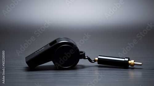 Classic black plastic whistle, simple design, clean backdrop , equipment, official