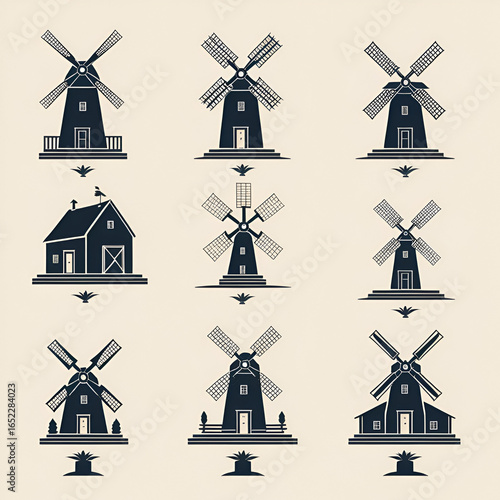 The mill icon modern set consists of windmill illustration signs. The farmhouse symbol. The grinder logo design.