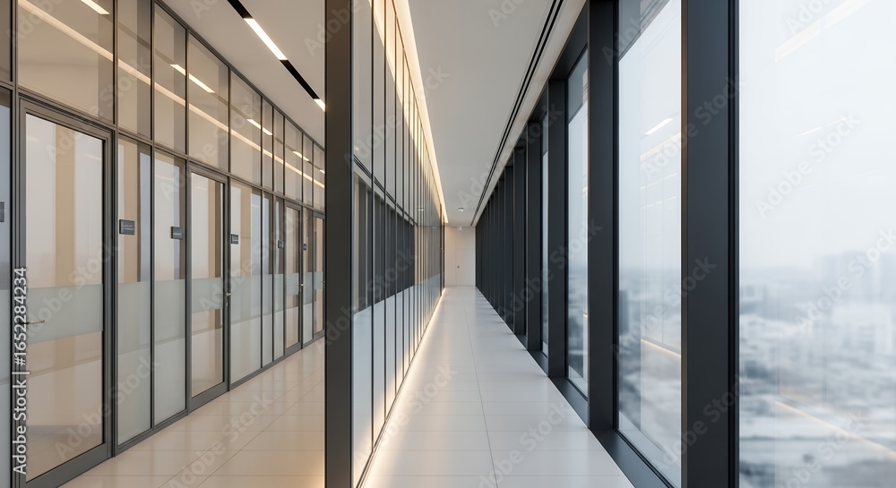Fototapeta premium Modern office corridor with glass walls and city view, minimalist interior design, concept for corporate headquarters architecture, workplace innovation and urban planning