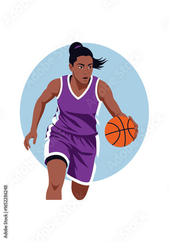 Woman dribbling basketball in purple uniform against blue circle.