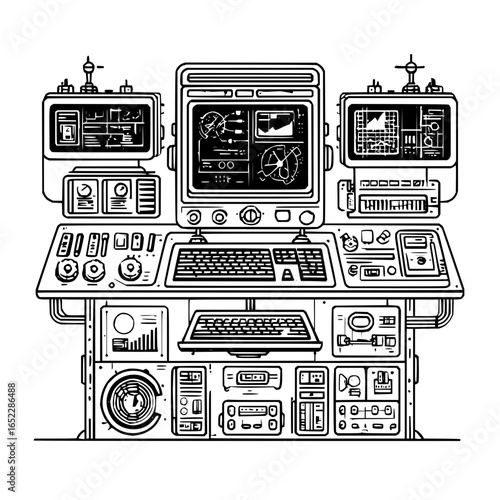 Retro futuristic control panel interface with computer screens keyboard and various control elements design