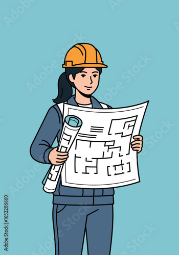 Woman in hard hat holding architectural blueprints against blue background.