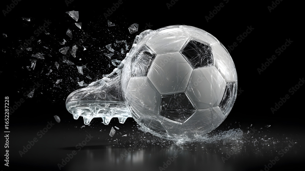 Fototapeta premium A shattered soccer ball and cleat with shards of glass floating against a black background studio shot