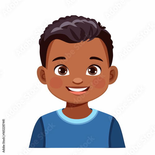Cartoon illustration of a boy's head with a happy face, wearing a casual hat, enjoying a bright summer travel day at the beach