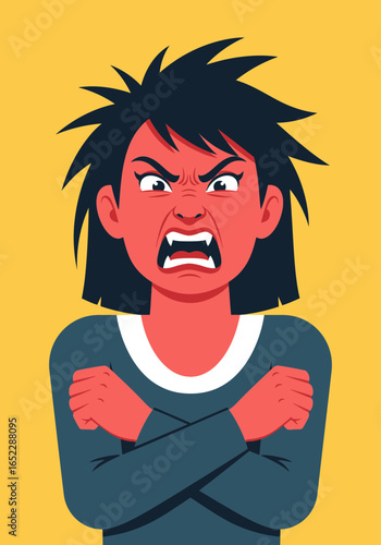 Angry person with arms crossed and red face.