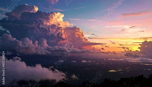 Dramatic sunset over a valley shrouded in clouds