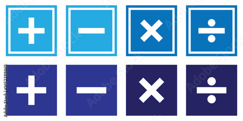 Four basic mathematical operation symbols plus minus multiply and divide. Plus, minus icon set. Calculator, math icon. EPS 10