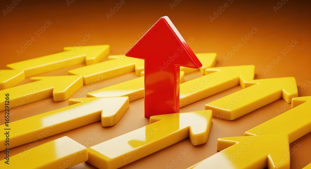 Arrow to the Top: a lone, vibrant red arrow surges forward, towering above a sea of yellow arrows, capturing the essence of leadership, ambition, and the relentless pursuit of success. Arrow to the Top: a lone, vibrant red arrow surges forward, towering above a sea of yellow arrows, capturing the essence of leadership, ambition, and the relentless pursuit of success.