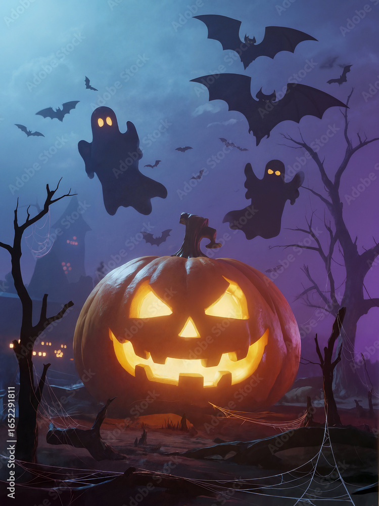 Spooky Halloween Night with Jack-o'-Lantern and Ghosts Spooky Halloween Night with Jack-o'-Lantern and Ghosts