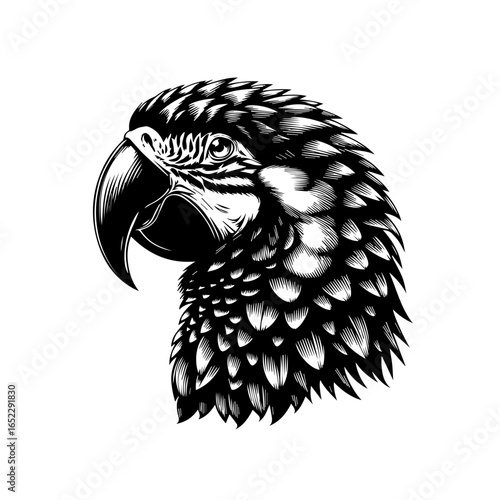 Illustration of a parrot head isolated on white background, side view