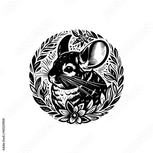 Illustration of a chinchilla in a wreath isolated on white background