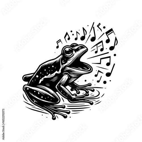Illustration of a singing frog with musical notes isolated on white background