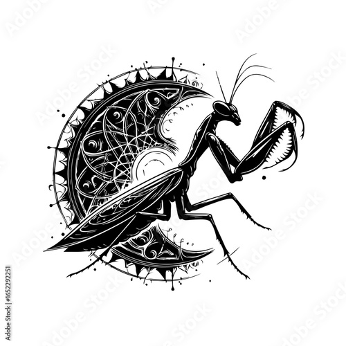 Detailed praying mantis illustration isolated on white background, design element