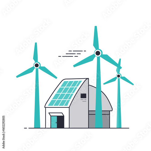Minimalist illustration of a house with solar panels and wind turbines, concept for sustainable living, renewable energy and eco-friendly housing
