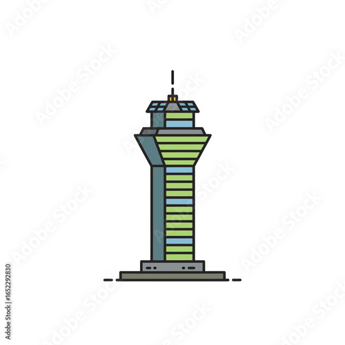 Minimalist graphic illustration of an air traffic control tower with green and blue accents, concept for aviation safety, travel infrastructure and city planning