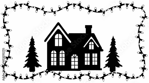 Silhouette of a house with christmas trees framed by christmas lights creating a festive winter scene