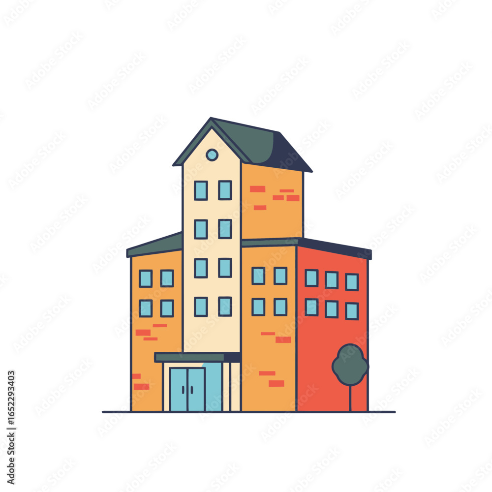 Fototapeta premium Colorful building illustration with a tree on white background, concept for real estate visualization, architectural design and urban planning